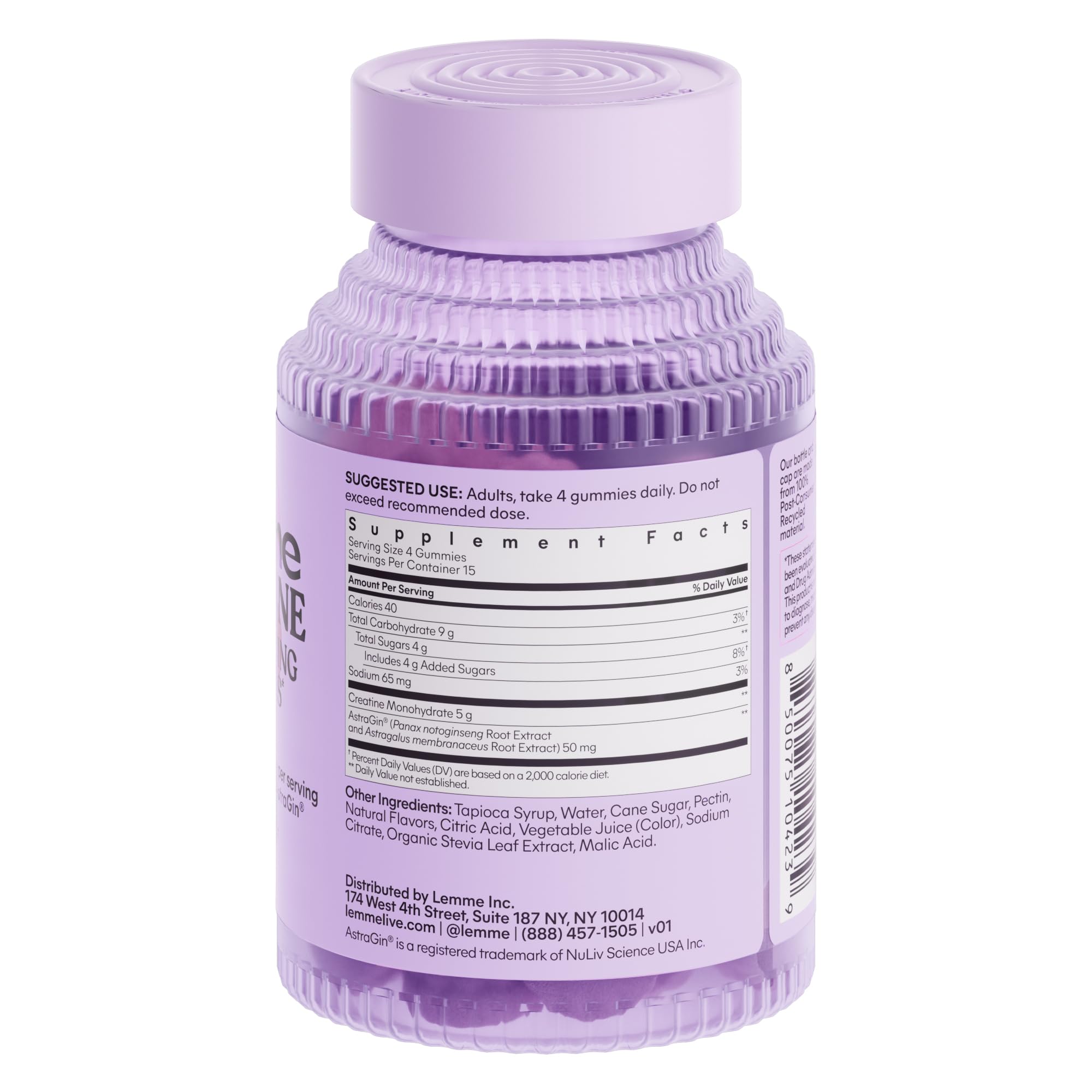 Lemme Creatine Monohydrate Gummies for Women and Men, 5g Dose to Support Lean Muscle, Strength, Recovery, Cognitive Health, w/Ginseng for Absorption