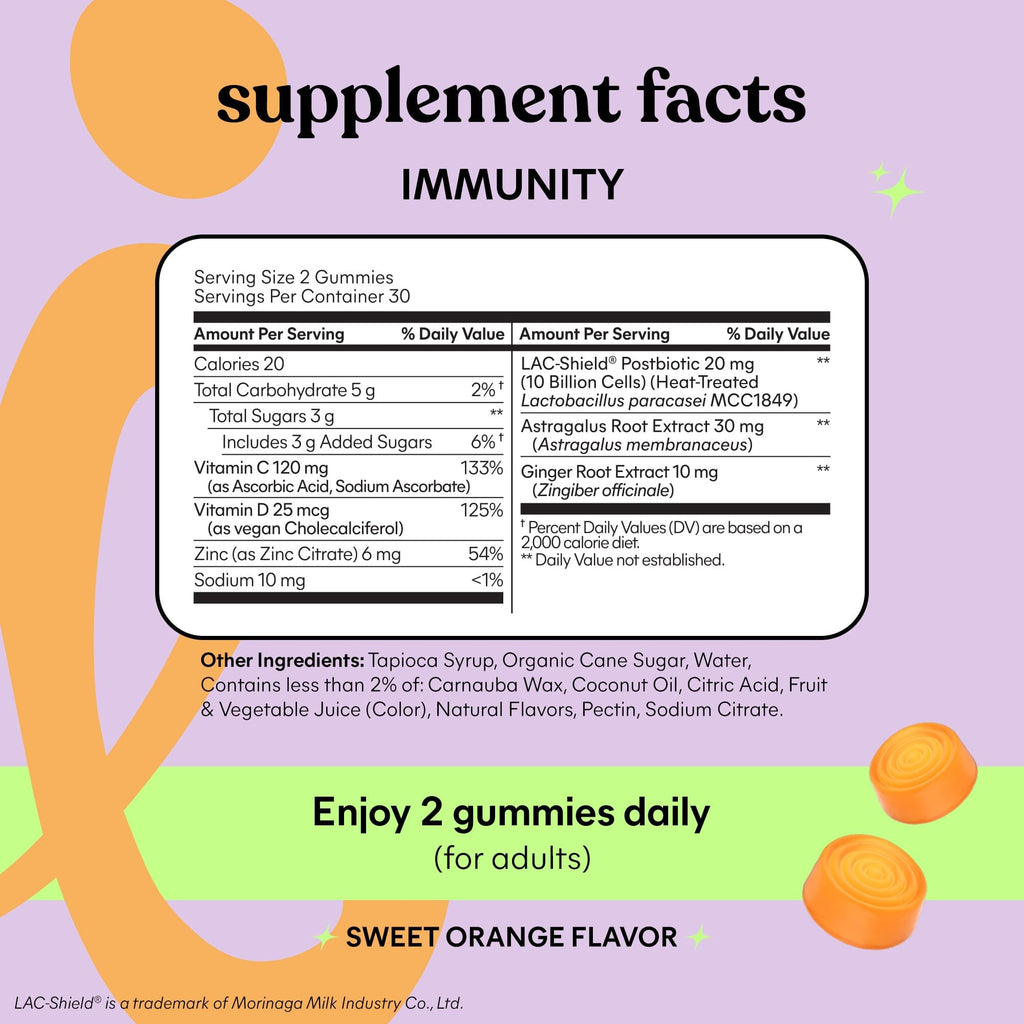 Lemme Immunity Postbiotic Gummies with Vitamin C, Vitamin D (2000 IU), Zinc, 10 Billion Postbiotic Cells, Astragalus for Immune Support - Vegetarian, Gluten Free, Sweet Orange (60 Count) Lemme Au supplements