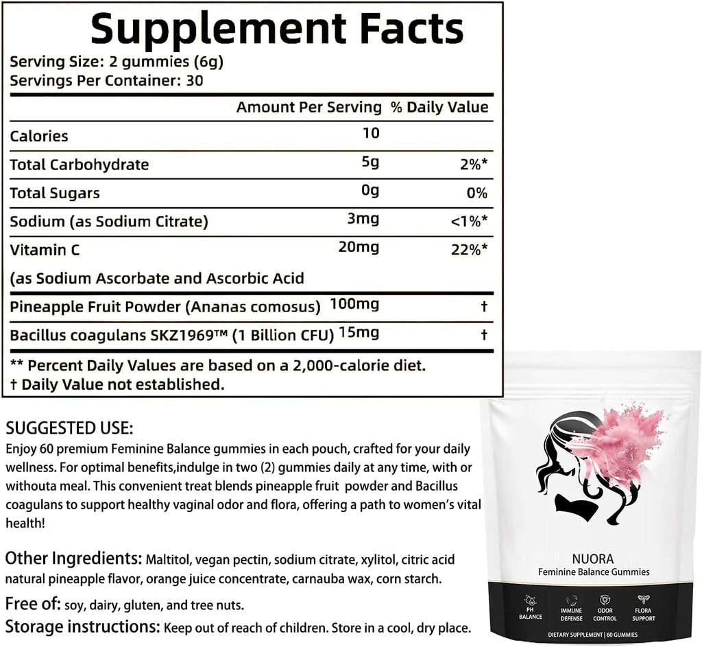 nuora Feminine Balance Gummies, Vegan Hawaiian Pineapple, pH Balance, Healthy Odor, Flora and Immune Support,