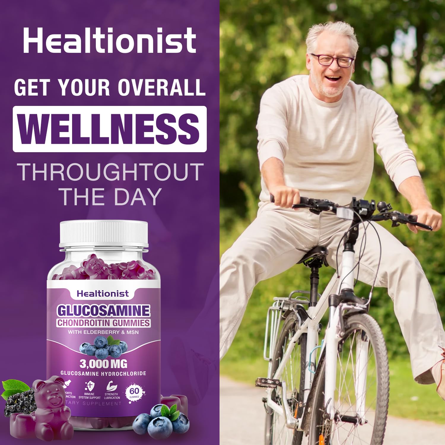 Healtionist 2 Packs 3000mg Glucosamine Chondroitin Gummies with MSM & Elderberry