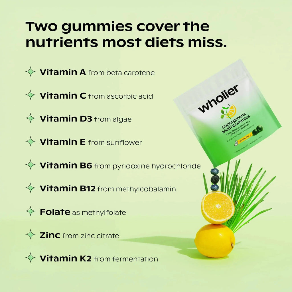 wholier Supergreens Multi Gummies, Daily Greens with Prebiotics, Fiber, Adaptogens, Plant-Based Multivitamin with 9 Essential Vitamins wholier Au supplements