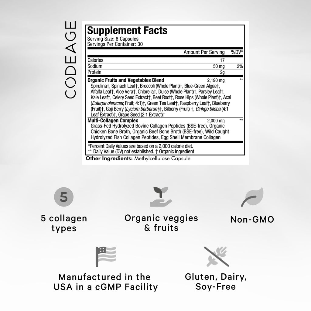 Codeage Multi Collagen Protein + Organic Raw Greens Superfood Capsules Supplement, 21 Fruits & Veggies, Grass-Fed Hydrolyzed Collagen Peptides, 5 Types All-in-One, 180 Count Codeage Au supplements