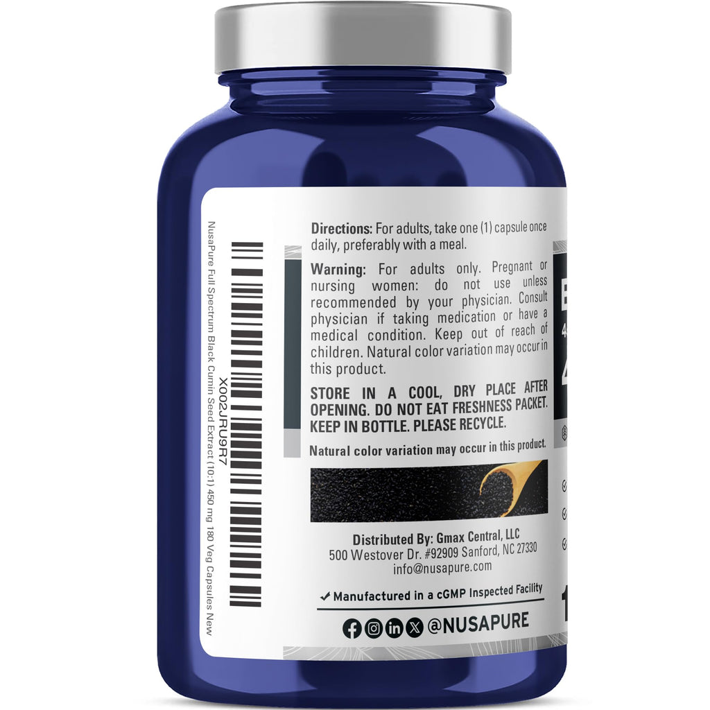 NusaPure Full Spectrum Black Cumin Seed 10:1 Extract, 450 mg Equivalent to 4,500mg 180 Veggie Powder Caps Non-GMO, Vegan Non-Oily NusaPure Au supplements
