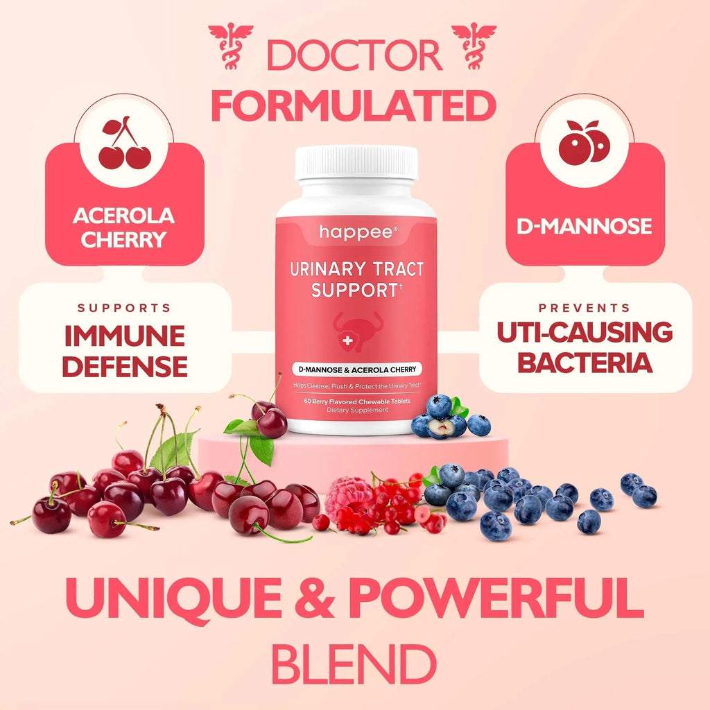 Happee Urinary Tract Health Supplement for Women & Men – Fast-Acting UTI Relief and Prevention, 500mg D-Mannose & Antioxidants, Supports Kidney and Bladder Health, Berry Flavor, 60 Chewables Happee Au supplements