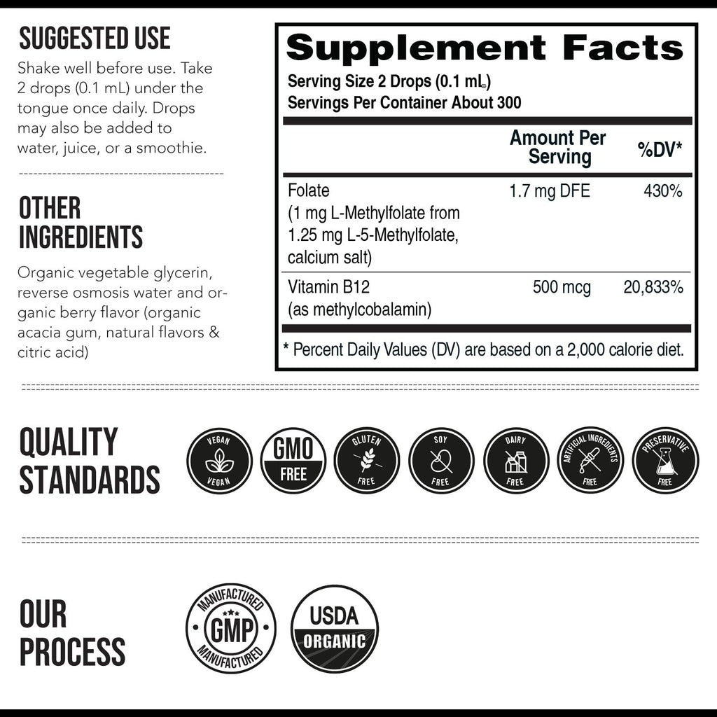 Organic Methyl Folate 1000 mcg + Methyl B12 Cofactor (300 Servings) – Metabolically Active 5-MTHF Form, Organic Berry Flavor