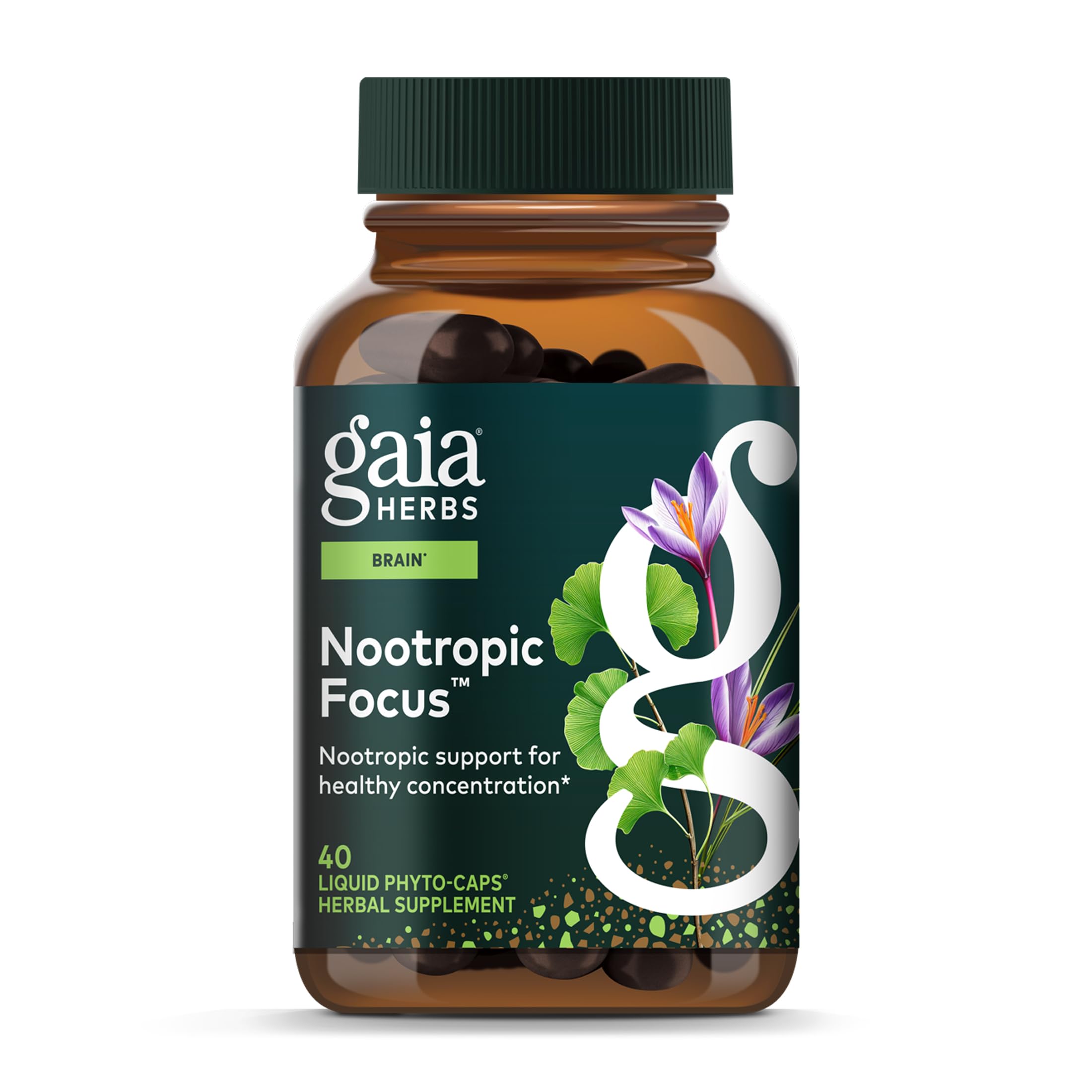 Gaia Herbs Nootropic Focus - Brain & Cognitive Support Supplement to Help Maintain Healthy Concentration* - with Saffron, Lemon Balm & Spearmint - 40 Liquid Phyto-Capsules (20 Servings) Gaia Herbs Au supplements