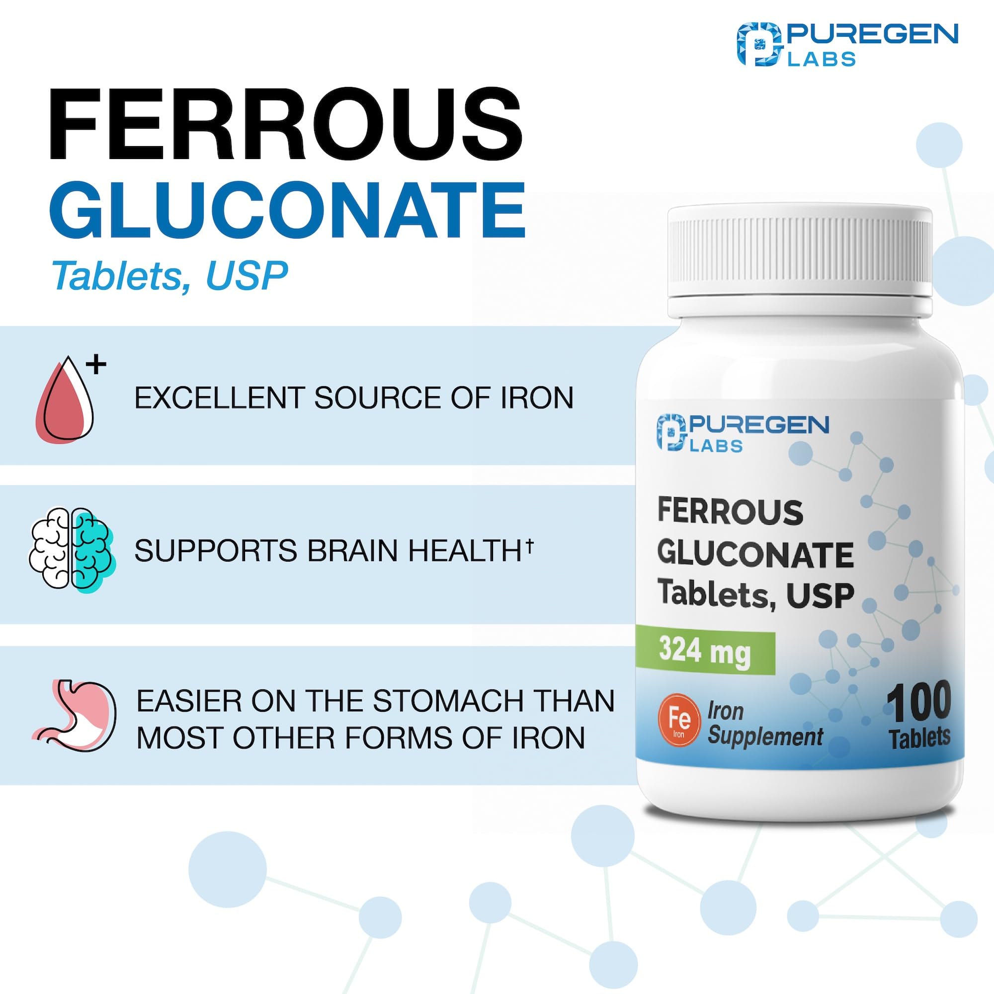 Puregen Labs Ferrous Gluconate 324 mg [High Potency] Iron Supplement, Gentle on Stomach - 100 Tablets