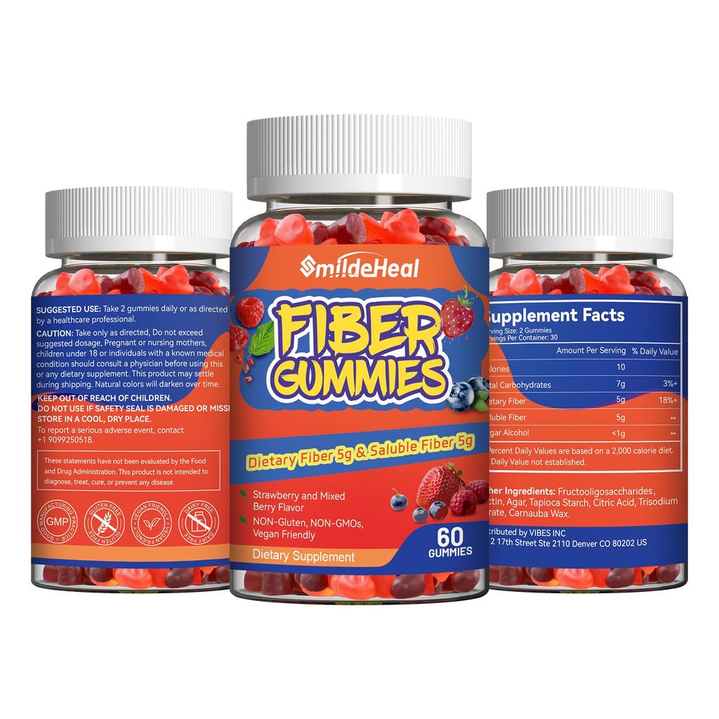 SmildeHeal Fiber Gummies, Dietary Fiber, for Women and Men, Gut Health Support, Non-GMOs, Non-Gluten, Vegan, Mixed Berry and Strawberry Flavor, 60 Count Gummies