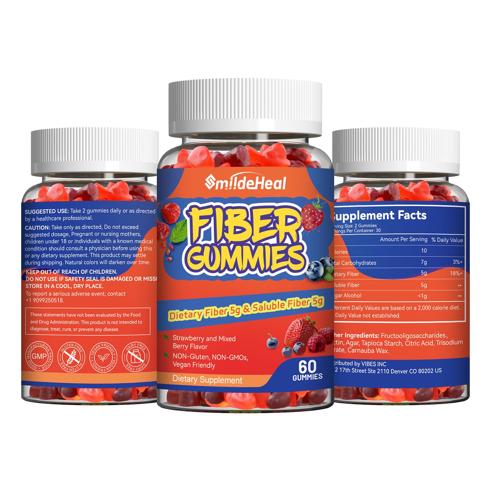 SmildeHeal Fiber Gummies, Dietary Fiber, for Women and Men, Gut Health Support, Non-GMOs, Non-Gluten, Vegan, Mixed Berry and Strawberry Flavor, 60 Count Gummies