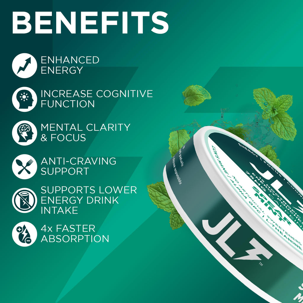 JLT 75 mg Caffeine Nootropic Pouches | Nootropic Energy Pouches with 75mg Caffeine, Lion's Mane, Alpha GPC, L-Tyrosine & L-Theanine with no Artificial Sweeteners | 15 Pouches Per Can JLT Energy Au supplements