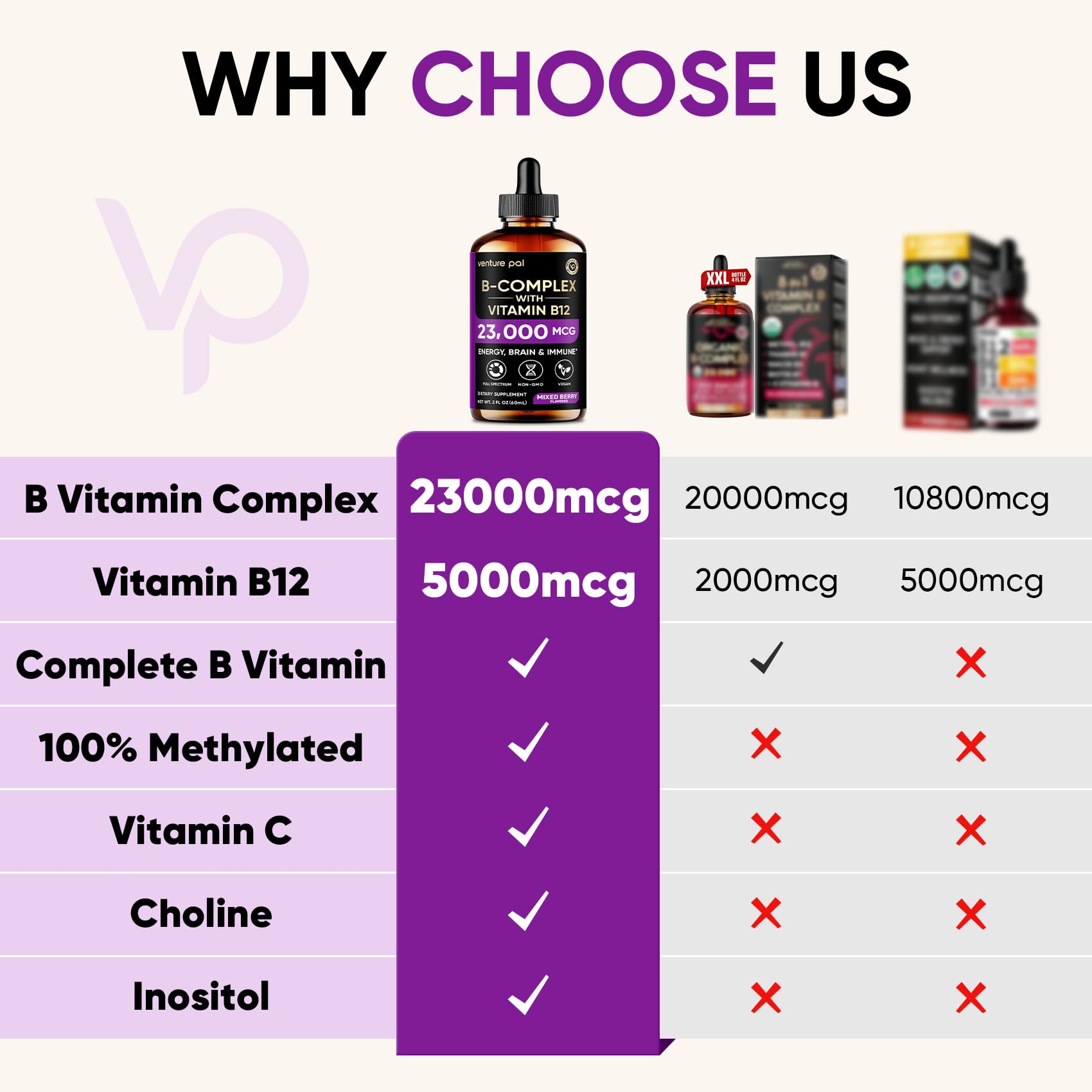 Venture Pal Vitamin B Complex Liquid Drops, B12 Methylcobalamin | B9 Folic | B1,B2,B3,B5,B6,B16 - Vitamin C, Choline, Inositol