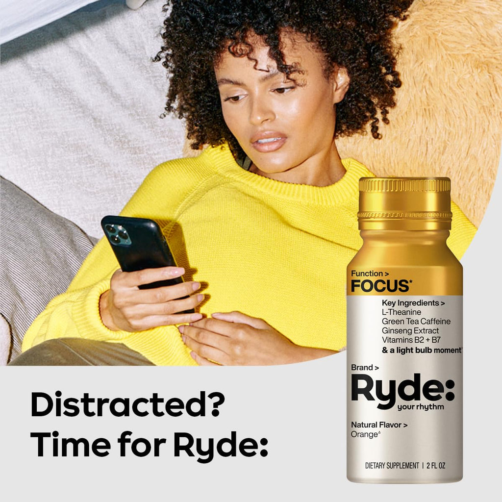 Ryde: Focus Shot | Orange Flavor | L-Theanine & Ginseng | Green Tea Caffeine | Vitamins B2 & B7 | 0 Calories, 0 Sugar | 2 FL OZ Shots | Supports Focus* (8 Pack) RYDE Au supplements