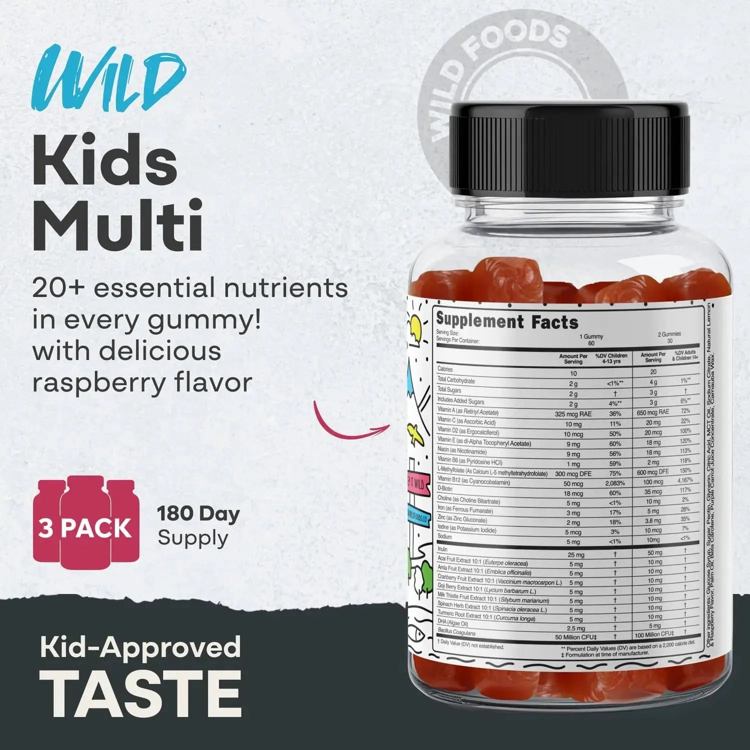 Wild Foods Kids Multivitamin Gummies – Natural Skin, Immune & Bones Support with Kids Vitamins A, C, D, E, B12, Iron & DHA Wild Foods Au supplements