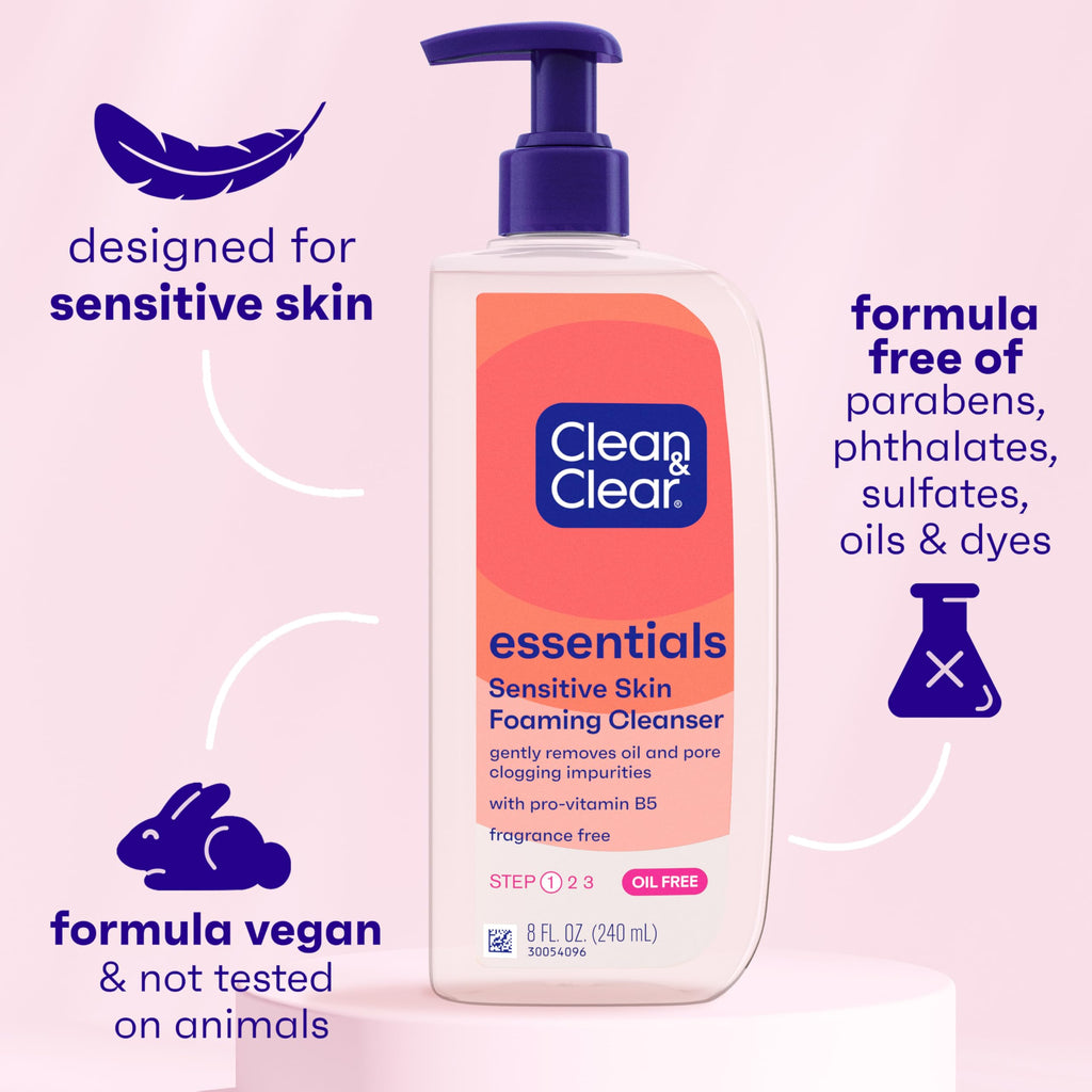 Clean & Clear Essentials Oil-Free Foaming Facial Cleanser, Daily Foaming Face Wash with Pro-Vitamin B5 for Sensitive Skin