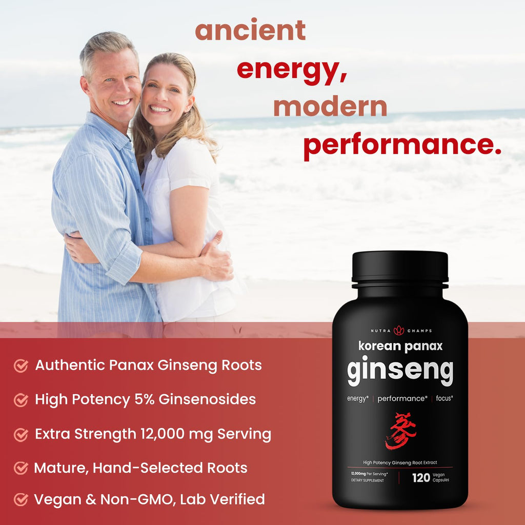 NutraChamps Korean Red Panax Ginseng Capsules | Extra Strength Ginsenosides for Energy, Focus, Performance, Vitality & Immune Support