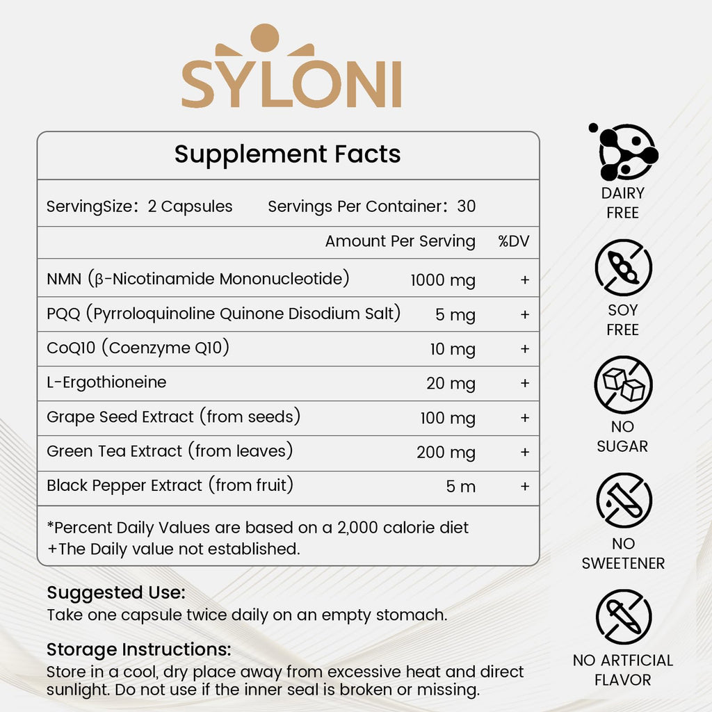 Syloni NMN Supplement 1000mg, 99% Pure NMN 4-in-1 NAD+ Booster with PQQ, CoQ10, L-Ergothioneine, 60 Capsules Nicotinamide Mononucleotide - Anti-Aging, Energy Boost, DNA Repair for Adults, Vegan Syloni Au supplements