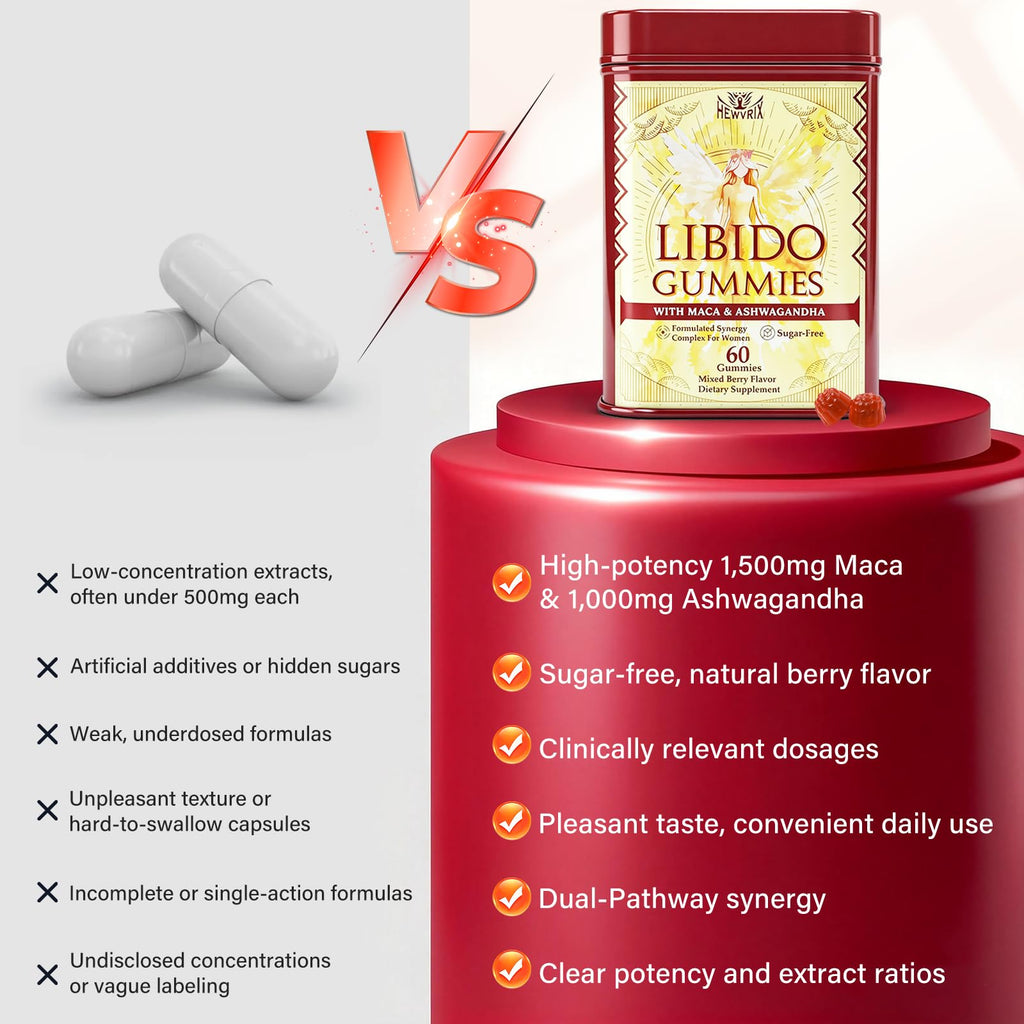 Libido Booster for Women with 1500mg Maca & 1000mg Ashwagandha, Vitamin D & B6, for Energy, Mood - Strongest Female Libido Booster + Hormone Balance for Women Cortisol Reducer | 0 Sugar, 60 Gummies Hewvrix Au supplements