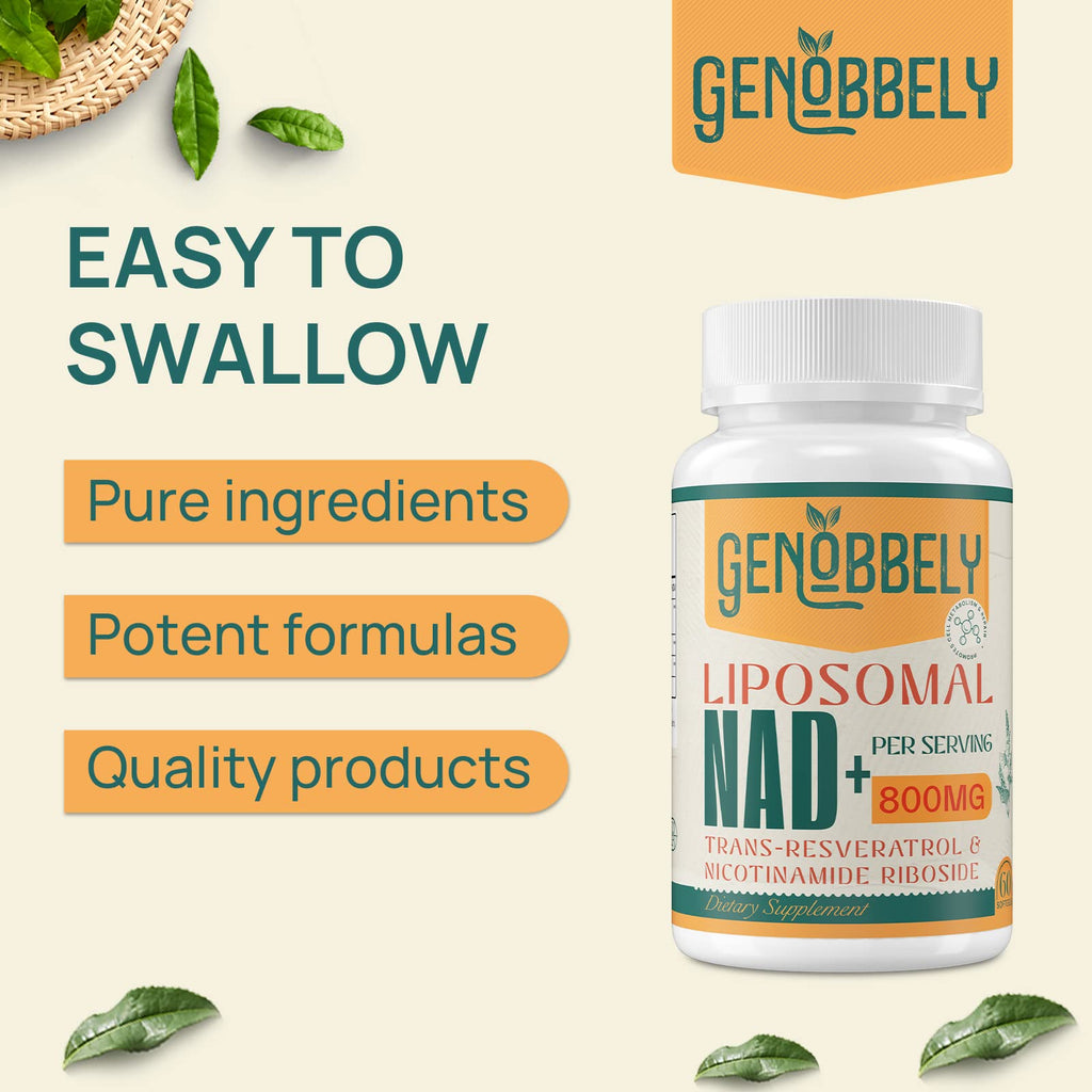 GENOBBELY 800 mg Liposomal NAD+ Supplement with Nicotinamide Riboside 200 mg, Trans-Resveratrol 100 mg - True NAD Supplement for DNA Repair, Healthy Aging, Brain Function - 60-Day Supply GENOBBELY Au supplements