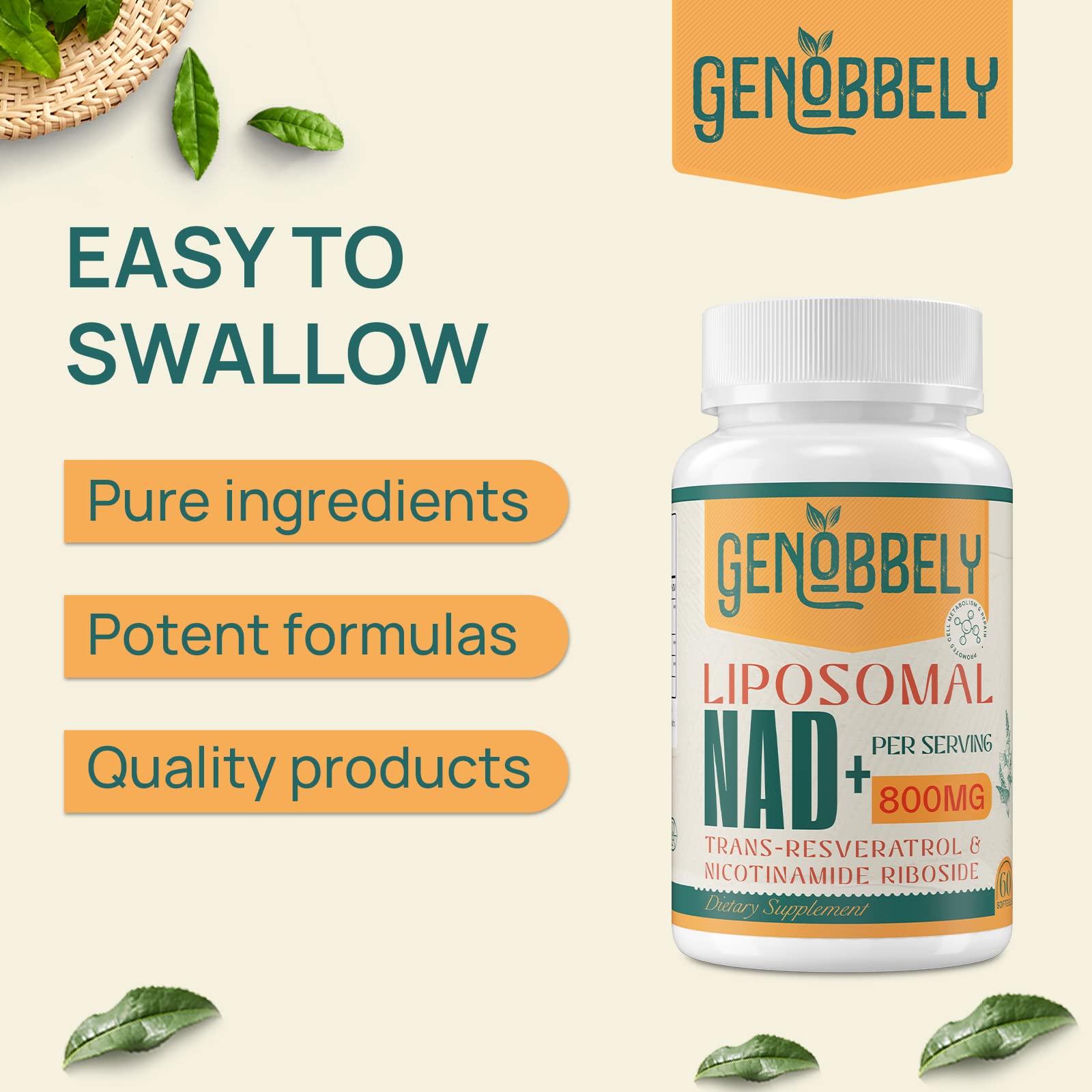 GENOBBELY 800 mg Liposomal NAD+ Supplement with Nicotinamide Riboside 200 mg, Trans-Resveratrol 100 mg - True NAD Supplement for DNA Repair, Healthy Aging, Brain Function - 60-Day Supply GENOBBELY Au supplements