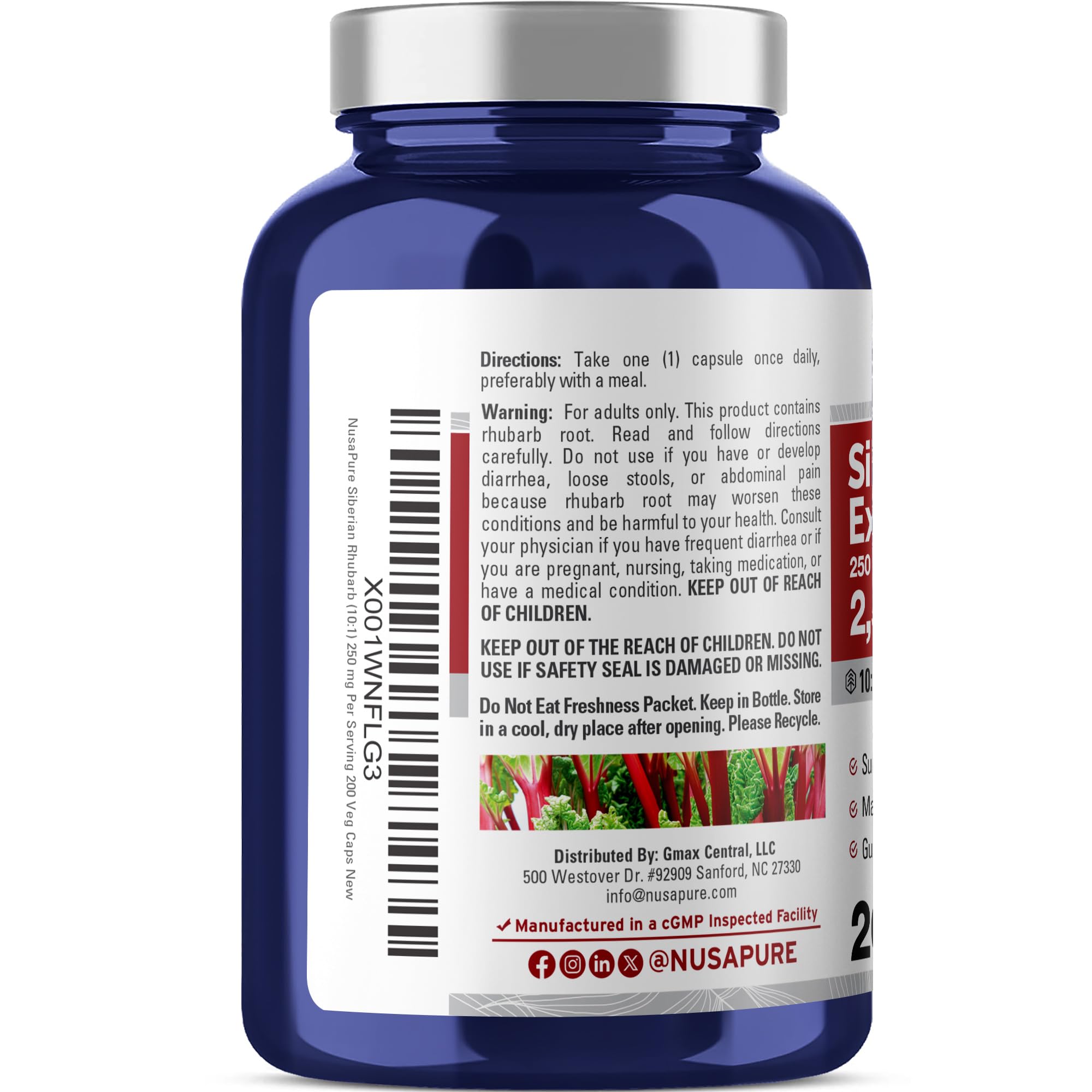 NusaPure Siberian Rhubarb 10:1 Extract, 250 mg Equivalent to 2,500mg - 200 Veggie Capsules (Vegetarian, Non-GMO, Vegan) NusaPure Au supplements