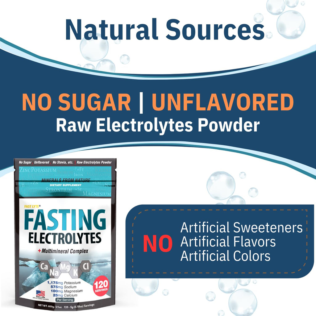Fast Lyte Fasting Electrolyte Supplement Powder | No Sugar Unflavored Raw Electrolytes | 25% RDI Magnesium and Potassium with Trace Minerals | Carnivore & Keto Friendly
