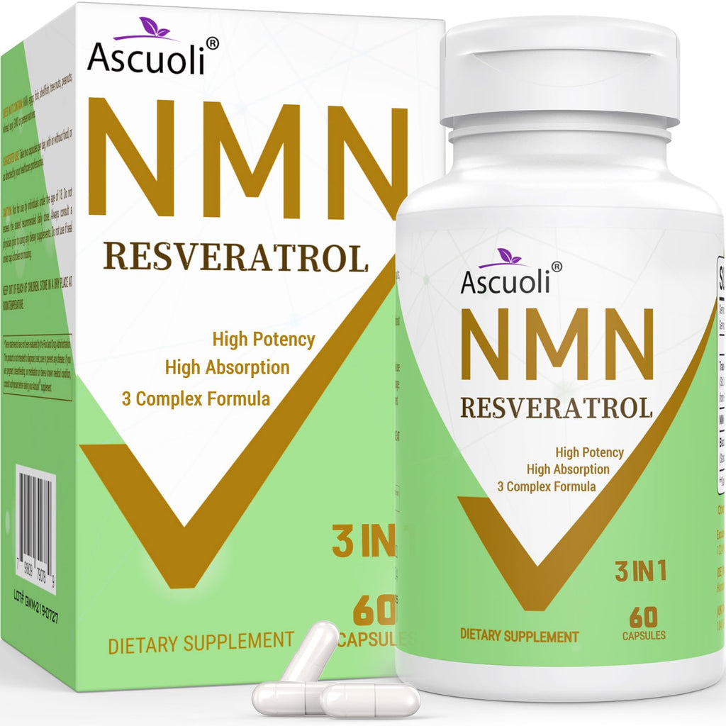 99% Ultra Purity NMN 500mg + Trans-Resveratrol 600mg, 1150mg NMN Resveratrol Supplement, 3-in-1 Advanced Formula for Boost* NAD, Cell, Immune, Energy & Muscle, Healthy Aging, Stabilized Form - 60 Caps Ascuoli Au supplements