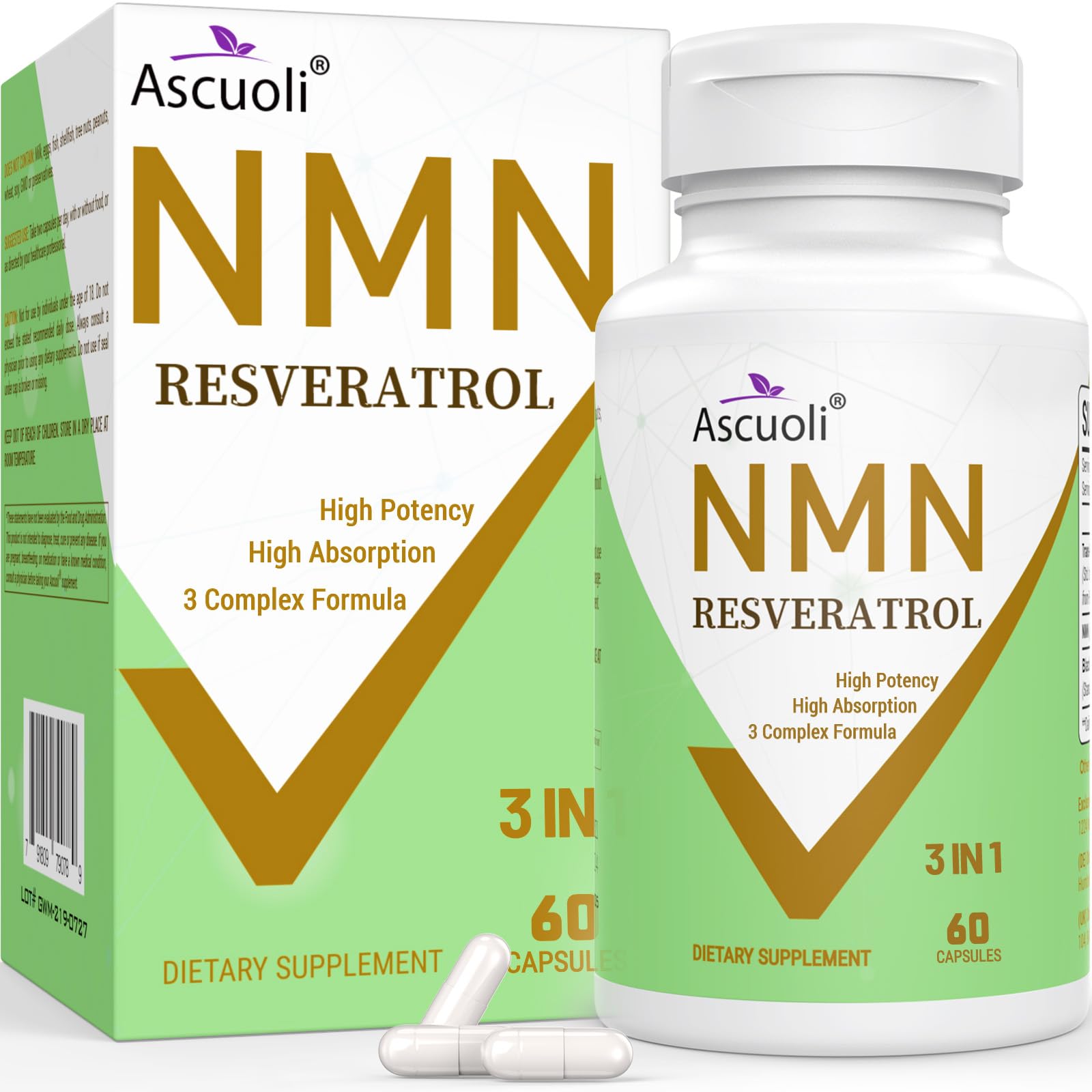 99% Ultra Purity NMN 500mg + Trans-Resveratrol 600mg, 1150mg NMN Resveratrol Supplement, 3-in-1 Advanced Formula for Boost* NAD, Cell, Immune, Energy & Muscle, Healthy Aging, Stabilized Form - 60 Caps Ascuoli Au supplements