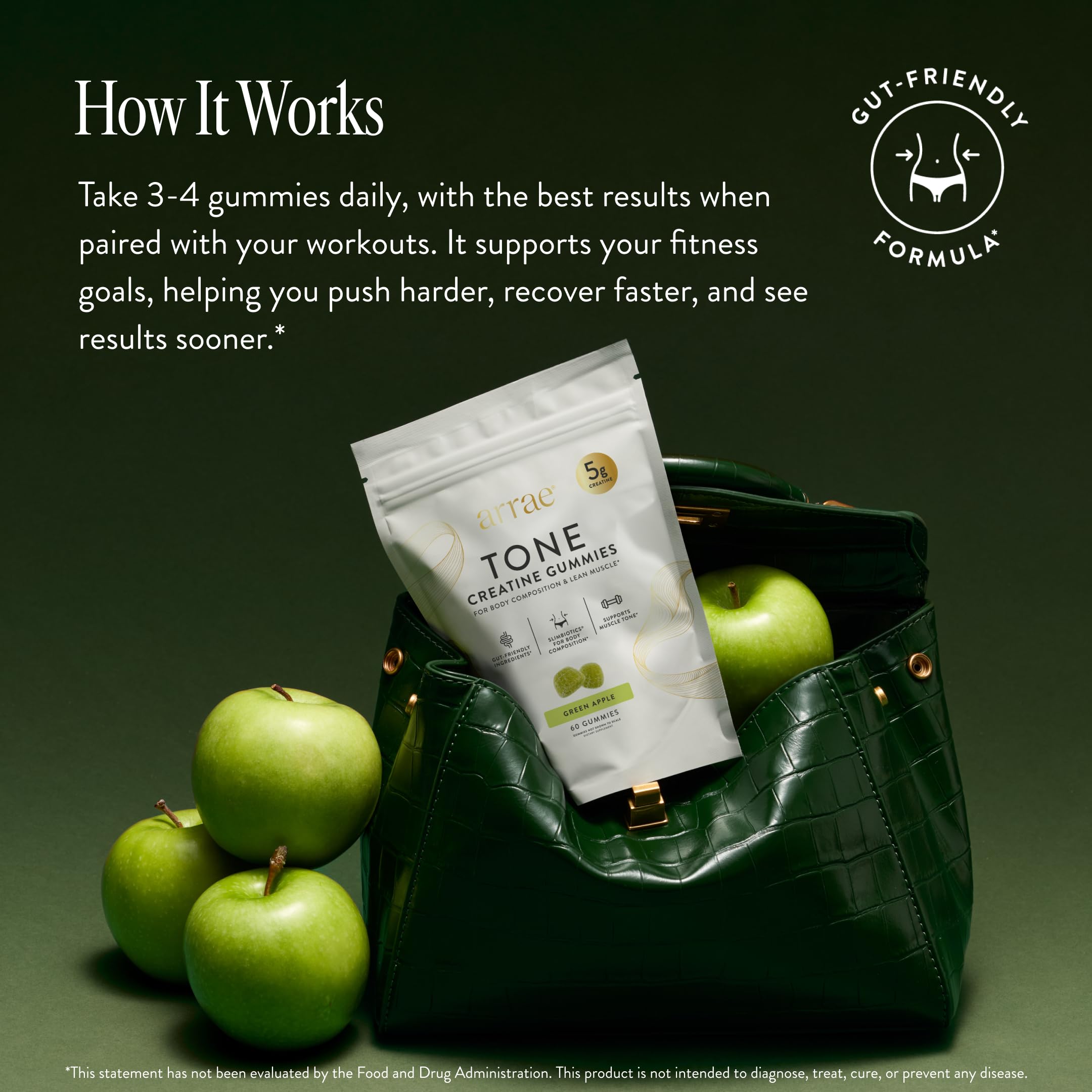 Arrae Tone Gummies – Creatine Monohydrate 5g for Women – Support Lean Muscle, Strength & Recovery – Hormone-Friendly Muscle Toning Supplement – Sour Green Apple Flavor – 60 Count (Sour Green Apple) Arrae Au supplements