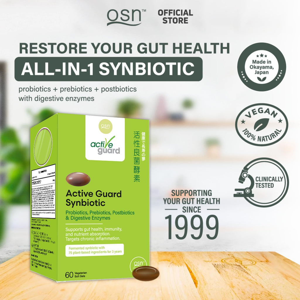 OSN Probiotics for Women Men ActiveGuard 3 Year Japanese Fermented Synbiotic - 17 Strains Prebiotics Postbiotics - Gut Health Digestive Enzymes - 60 Shelf Stable Softgels OSN Au supplements