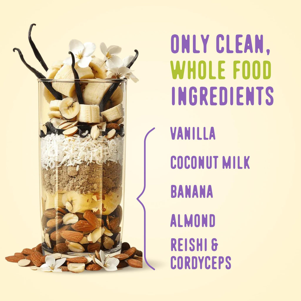 FlavCity Vegan Almond Protein Shake Powder, Vanilla Cream + Reishi & Cordyceps Mushrooms - Focus, Skin, Hair & Joint Support - Organic Fruit All in One Smoothie On-the-Go, 20 Servings