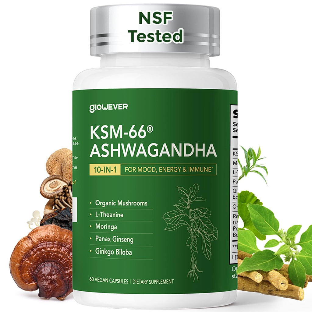 GlowEver KSM-66 Ashwagandha Supplements with L-Theanine Moringa Organic Mushrooms Complex Ginseng Ginkgo Biloba - Mood & Energy Support, Cortisol Manager, Immune Support, 60 Vegan Capsules GlowEver Au supplements