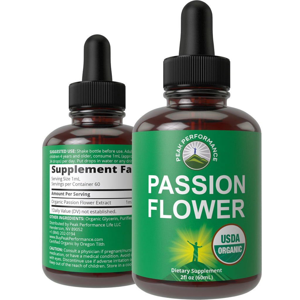 USDA Organic Passion Flower Extract Vegan Liquid Drops with High Bioavailability for Women and Men. Organic Passionflower Supplement with Zero Sugar and Gluten Free. for Calm, Relaxation Support. Peak Performance Au supplements
