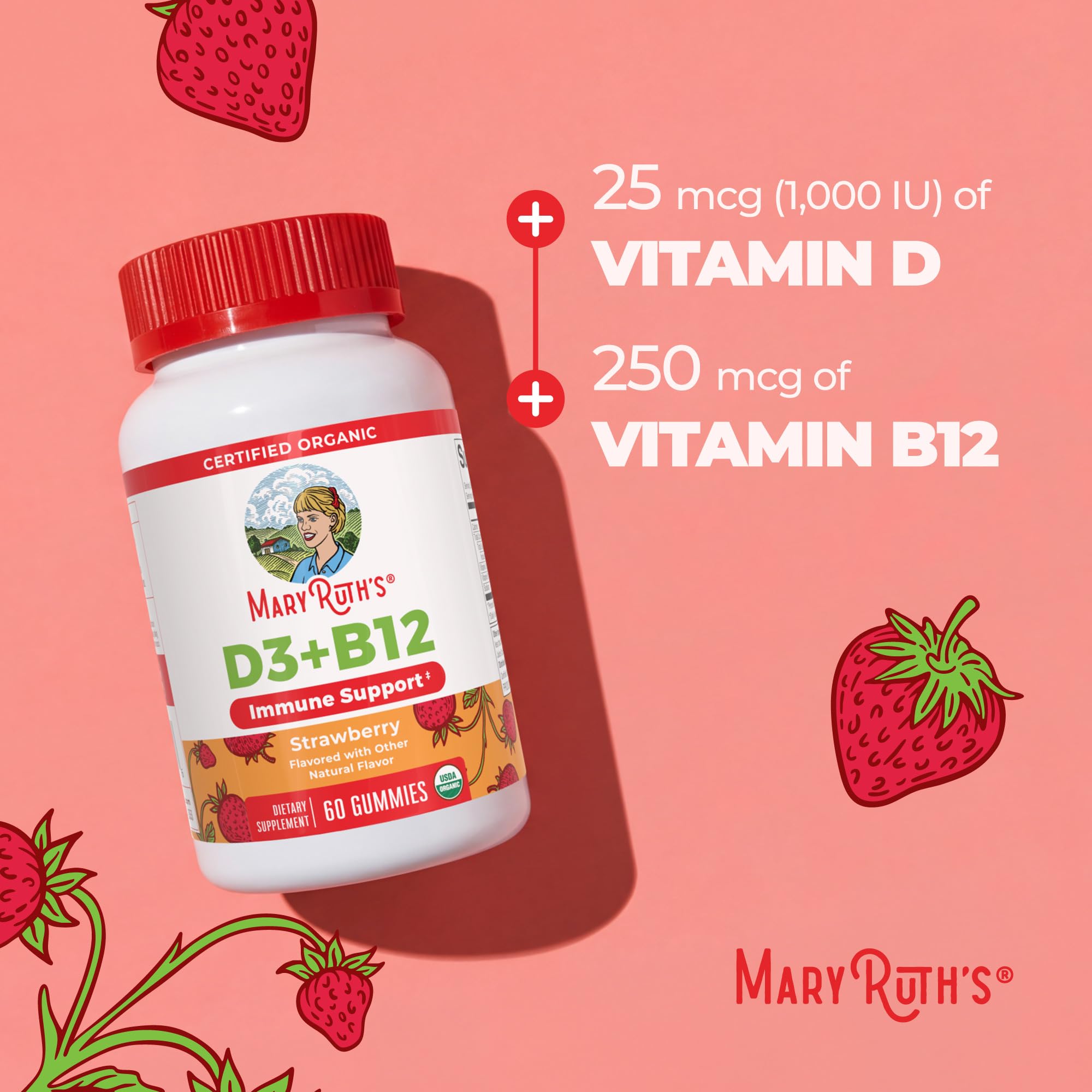 MARYRUTH'S Organic Vitamin D3 + B12 Gummies for Ages 4+ | Bone Health | Immune Support | Energy Metabolism | Cognitive Function | Vegan | Non-GMO