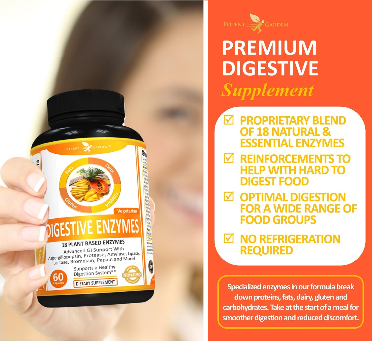 Potent Garden Digestive Enzymes -18 Plant Based Enzymes with amylase lipase bromelain Protease lactase & Other Enzymes - One Pre Meal Pill Supports Healthy