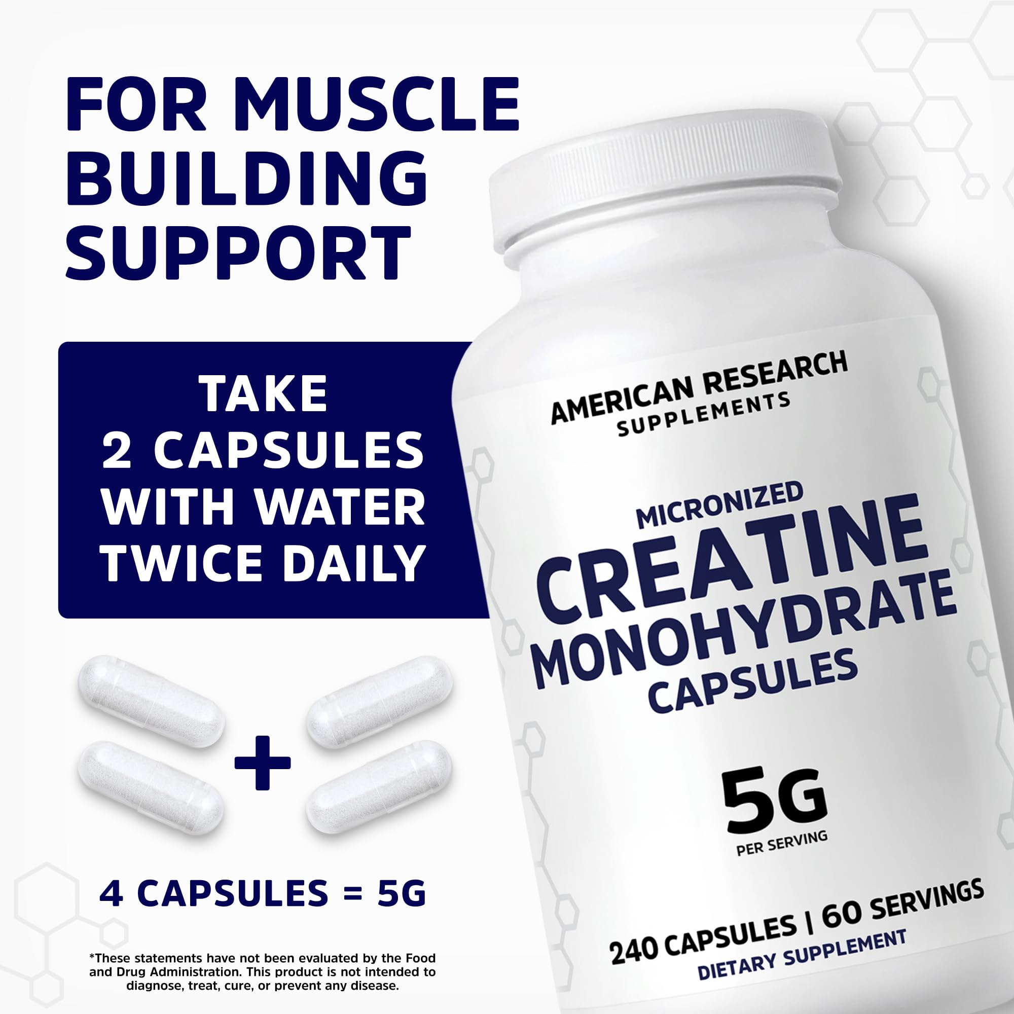 Creatine Monohydrate Capsules 5G | 60 Servings | Vegan | 4 Caps per Serving | Micronized Creatine Pills 5000mg | 240 Capsules | Creatine Pills For Men & Women