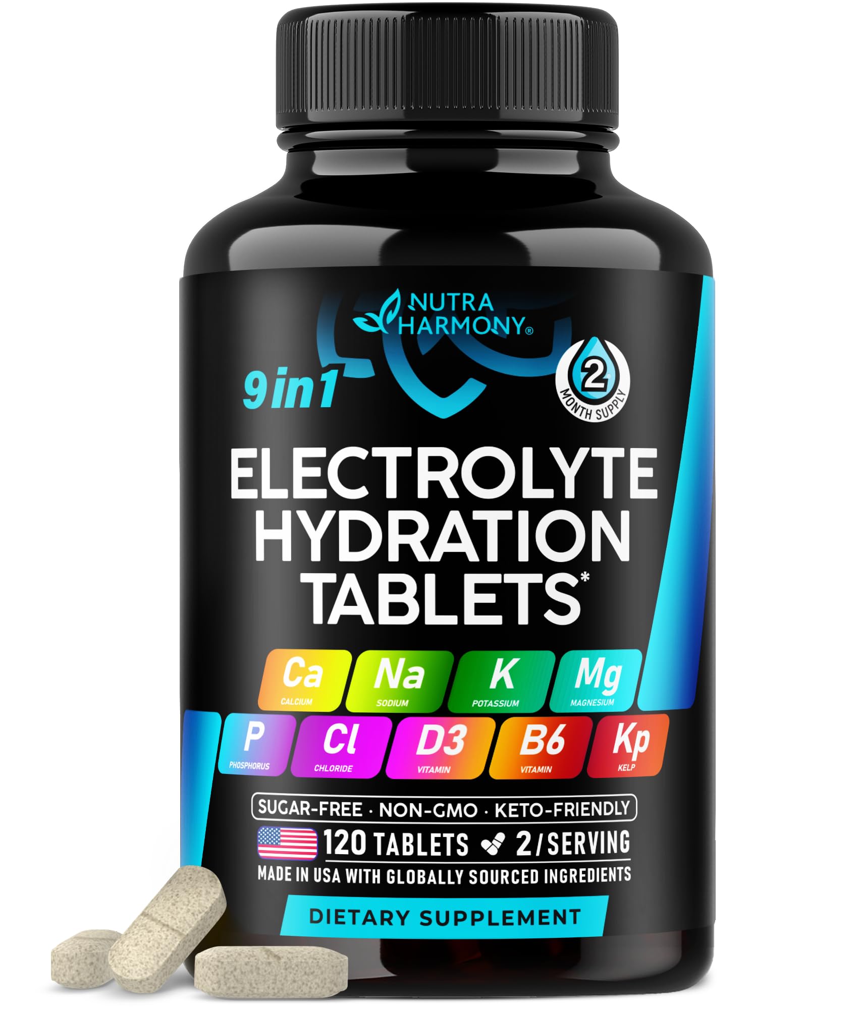 Electrolytes - Electrolyte Tablets with Magnesium, Sodium, Potassium, Chloride, Vitamins D3 & B6, Kelp Powder - Salt Pills - Made in USA