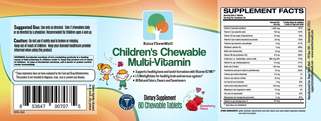 Raise Them Well Tasty Chewable Kids Multivitamin, All-Natural Colors, Flavors & Sweeteners, Daily Essential Vitamins for Children, Easy-to-Chew Vitamins, Strawberry Raise Them Well Au supplements
