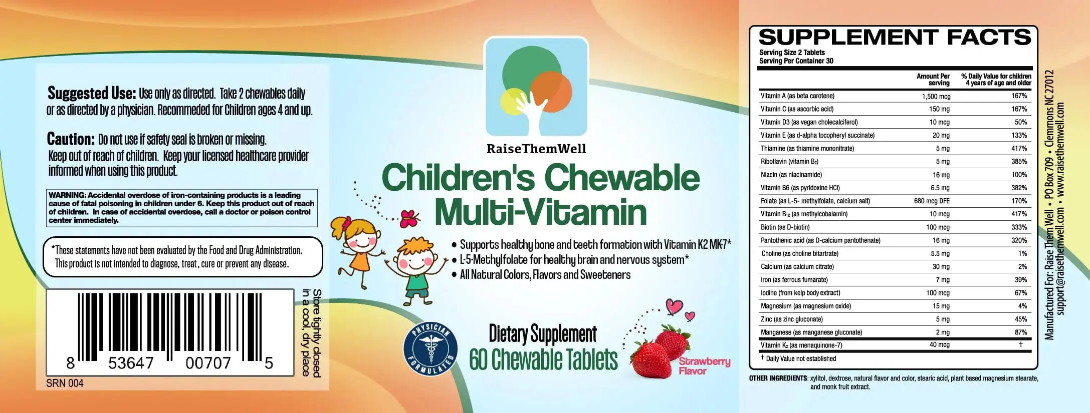 Raise Them Well Tasty Chewable Kids Multivitamin, All-Natural Colors, Flavors & Sweeteners, Daily Essential Vitamins for Children, Easy-to-Chew Vitamins, Strawberry Raise Them Well Au supplements
