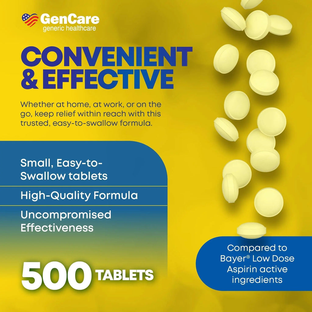 GenCare - Low Dose Aspirin 81mg for Adults Coated (NSAID) 500 Tablets | Adult Low Dose | Enteric Coated Aspirin Pills | Muscle Pain & Menstrual Pain Relief | Fever Reducer | Generic Bayer GenCare Au supplements