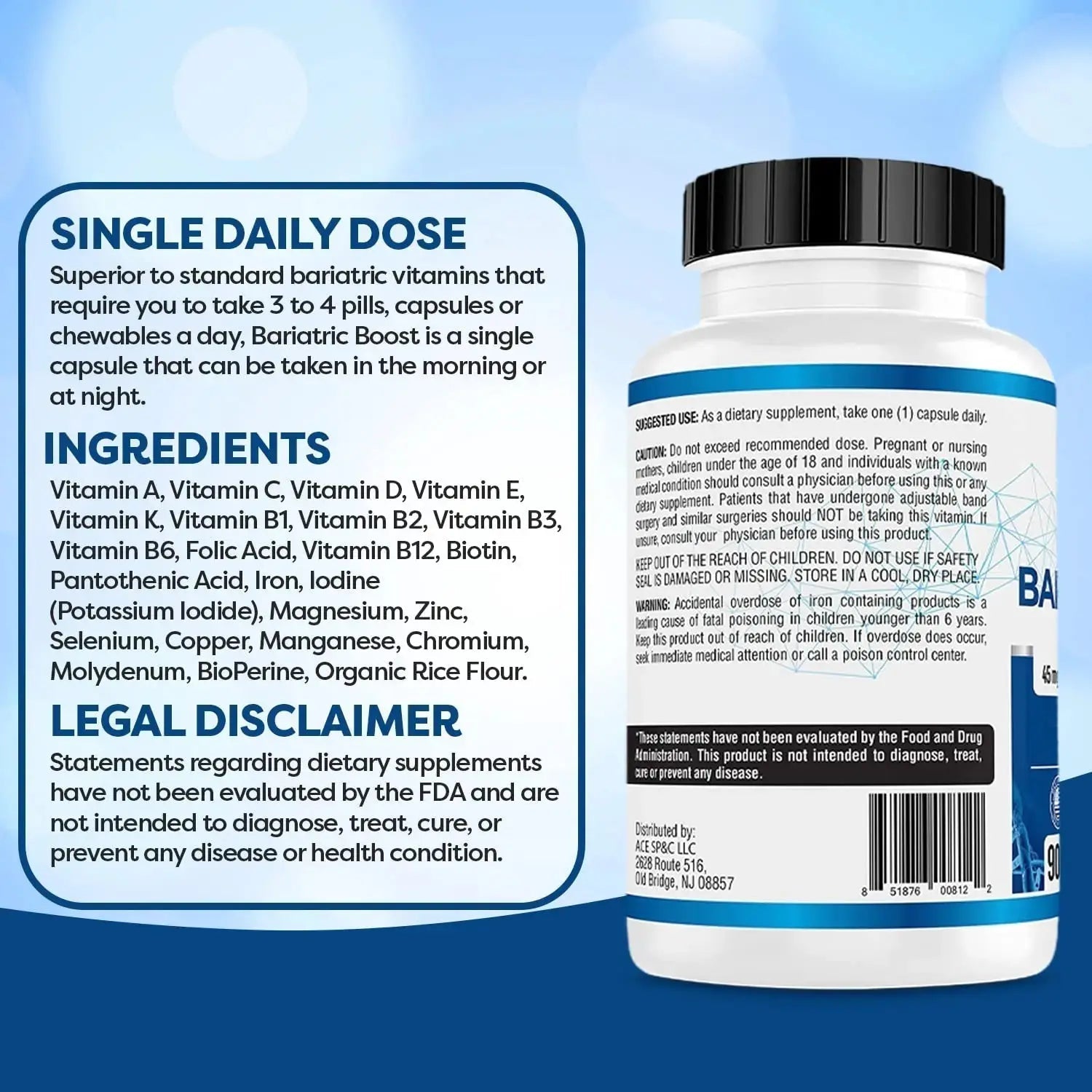 Bariatric Boost One-A-Day Multivitamin 90 Day Supply with 45mg Iron Post Gastric Bypass Sleeve Surgery | Non-GMO, Gluten Free, Bariatric Multivitamin Made in USA | ACE NUTRITION Au supplements