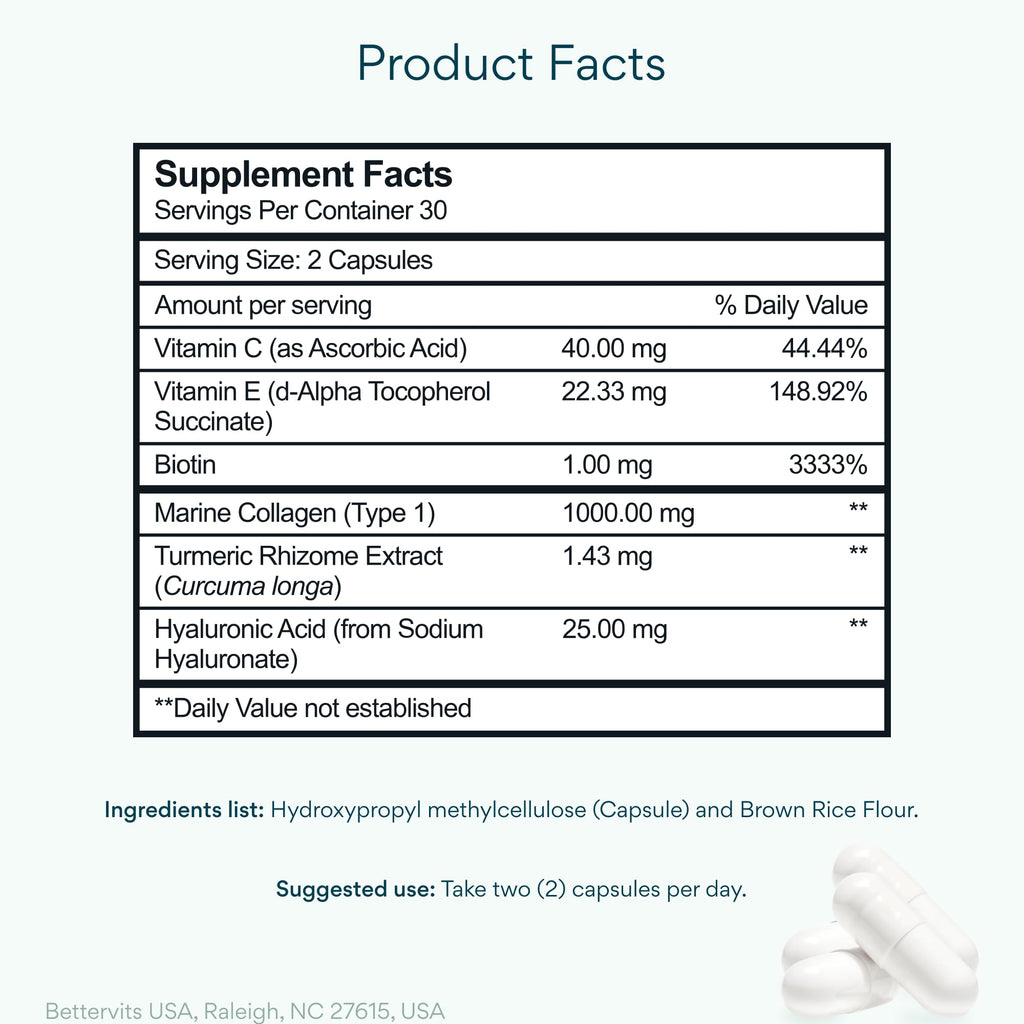 Bettervits Collagen Peptides Complex with Hyaluronic Acid & Turmeric | Hydrolyzed Marine Collagen Supplements for Women & Men | Collagen with Vitamin C