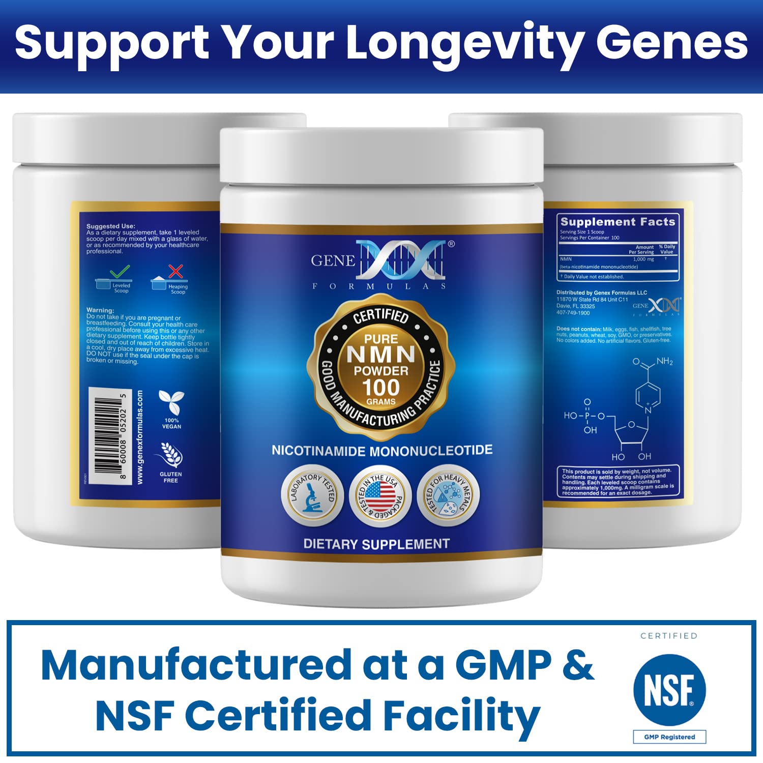 Genex Formulas Pure NMN Powder 100 Grams, Instant Dissolve, Shelf Stable, Non-Synthetic, PVP Free, Ultra-Low Density, 99.9% Pure NMN, Made in a US-Based, GMP, NSF & FSSC 22000 Certified Facility Genex Formulas Au supplements