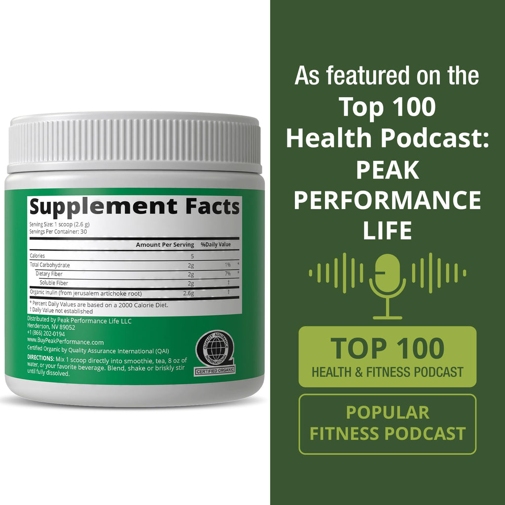 Peak Performance Organic Inulin Powder Natural Prebiotic Fiber for Gut Health. USDA Organic Raw Plant Based Vegan Prebiotics FOS Supplement from Jerusalem Artichoke Peak Performance Au supplements