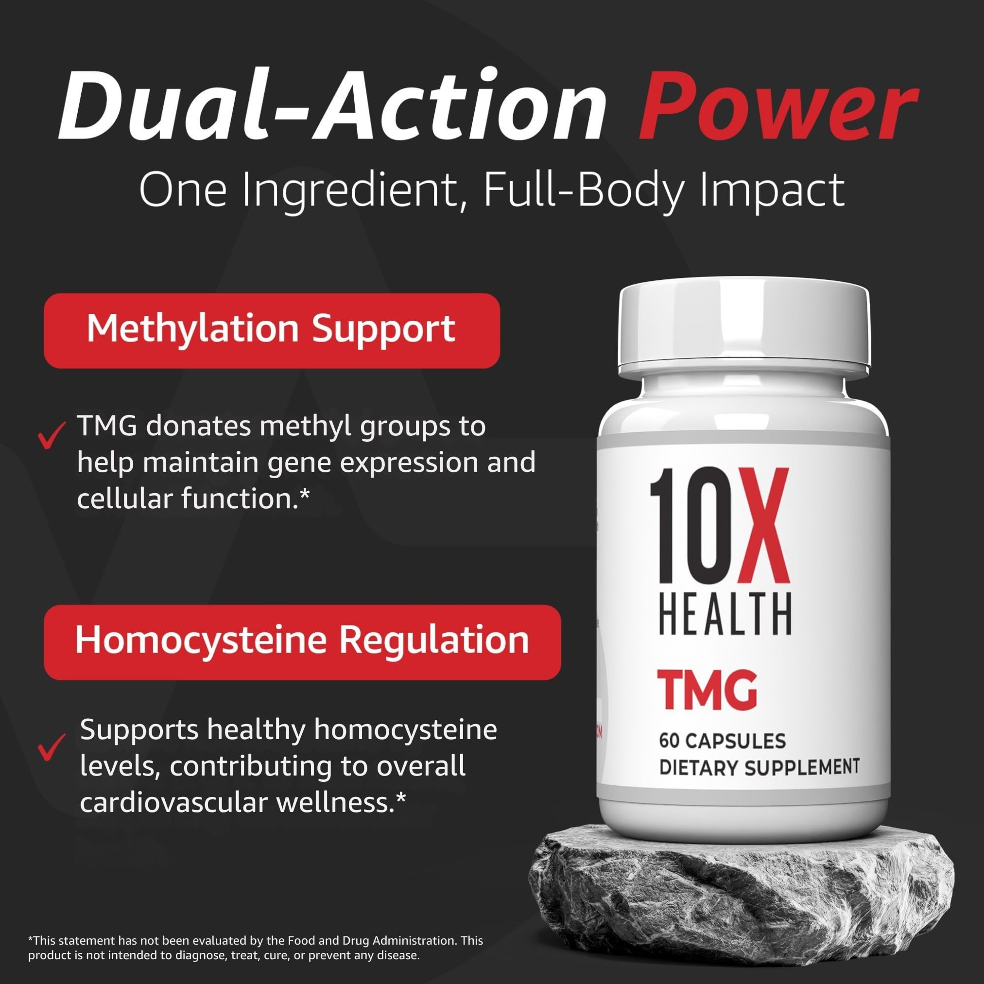 10X Health TMG Supplements - Trimethylglycine Supplement for Liver Support, Heart Wellness, Energy, Homocysteine Levels - TMG Capsules with Betaine Anhydrous