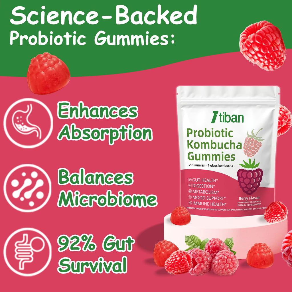 Itiban Probiotic Kombucha Gummy - Prebiotics, Probiotics, Postbiotics, Fiber Supplement, Slippery Elm for Bloating, Gut Health, Women and Men, 60ct Itiban Au supplements