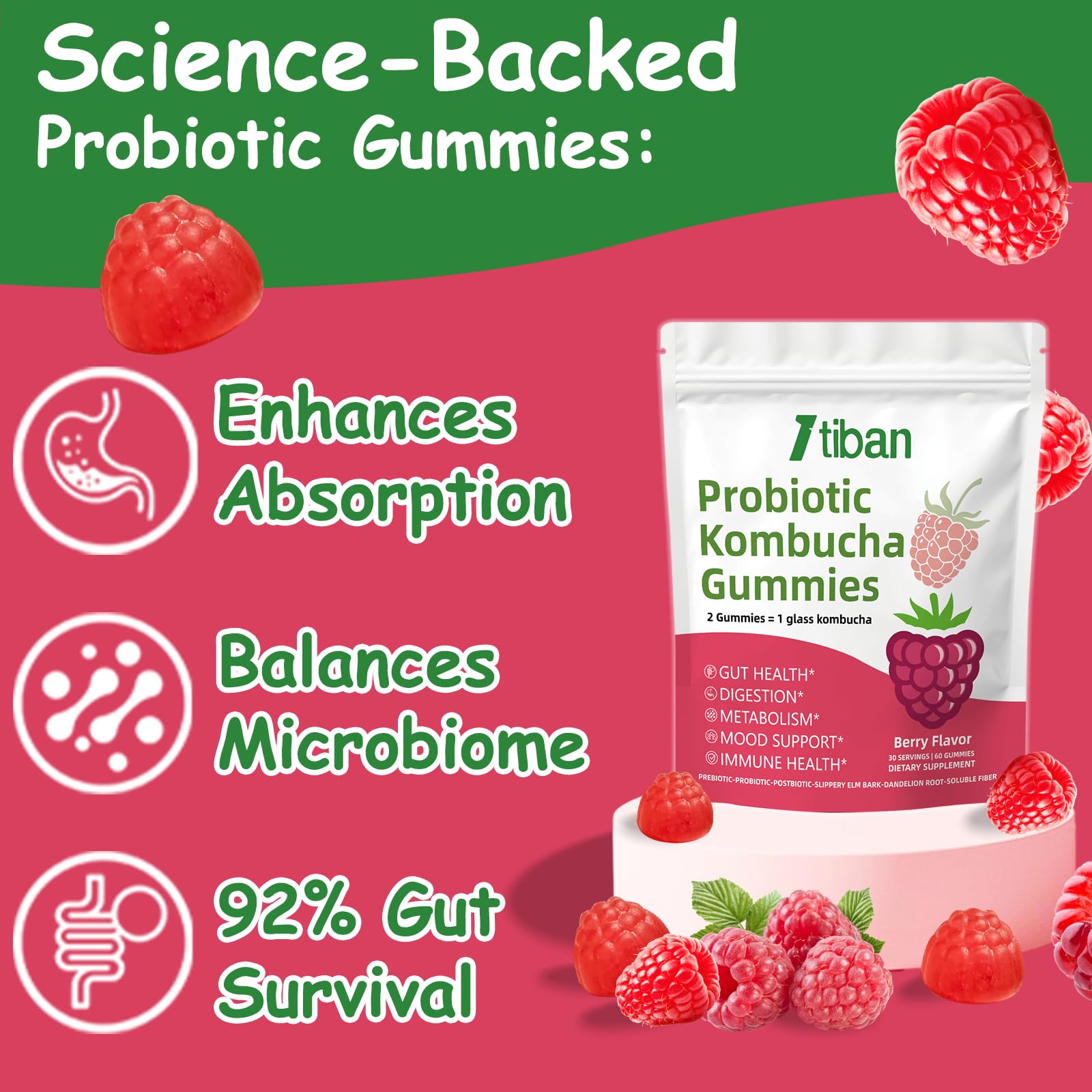 Itiban Probiotic Kombucha Gummy - Prebiotics, Probiotics, Postbiotics, Fiber Supplement, Slippery Elm for Bloating, Gut Health, Women and Men, 60ct Itiban Au supplements