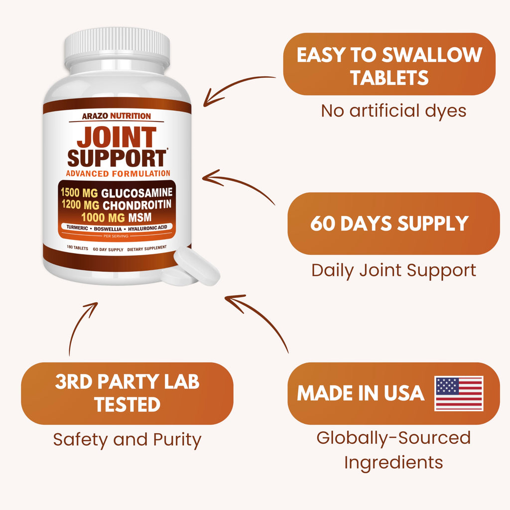 Arazo Nutrition Glucosamine Chondroitin Turmeric Msm Boswellia - Joint Support Supplement for Relief 180 Tablets for Bones, Back,