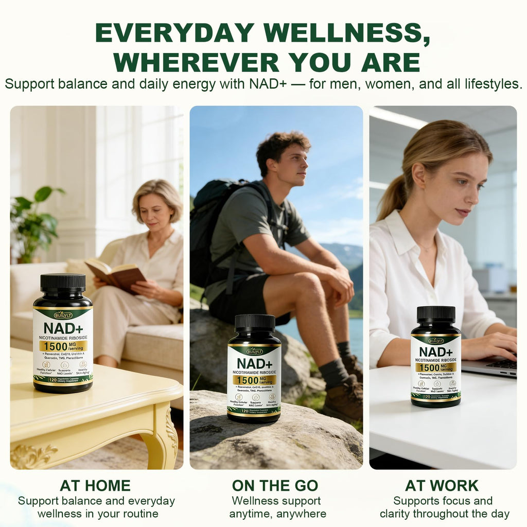 BUIUYLT NAD+ Supplement 1500mg, NR NMN Replacement with Resveratrol, Urolithin A, CoQ10 & Quercetin for Cellular Energy, Healthy Aging & Stamina for Women & Men - 120 Capsules BUIUYLT Au supplements