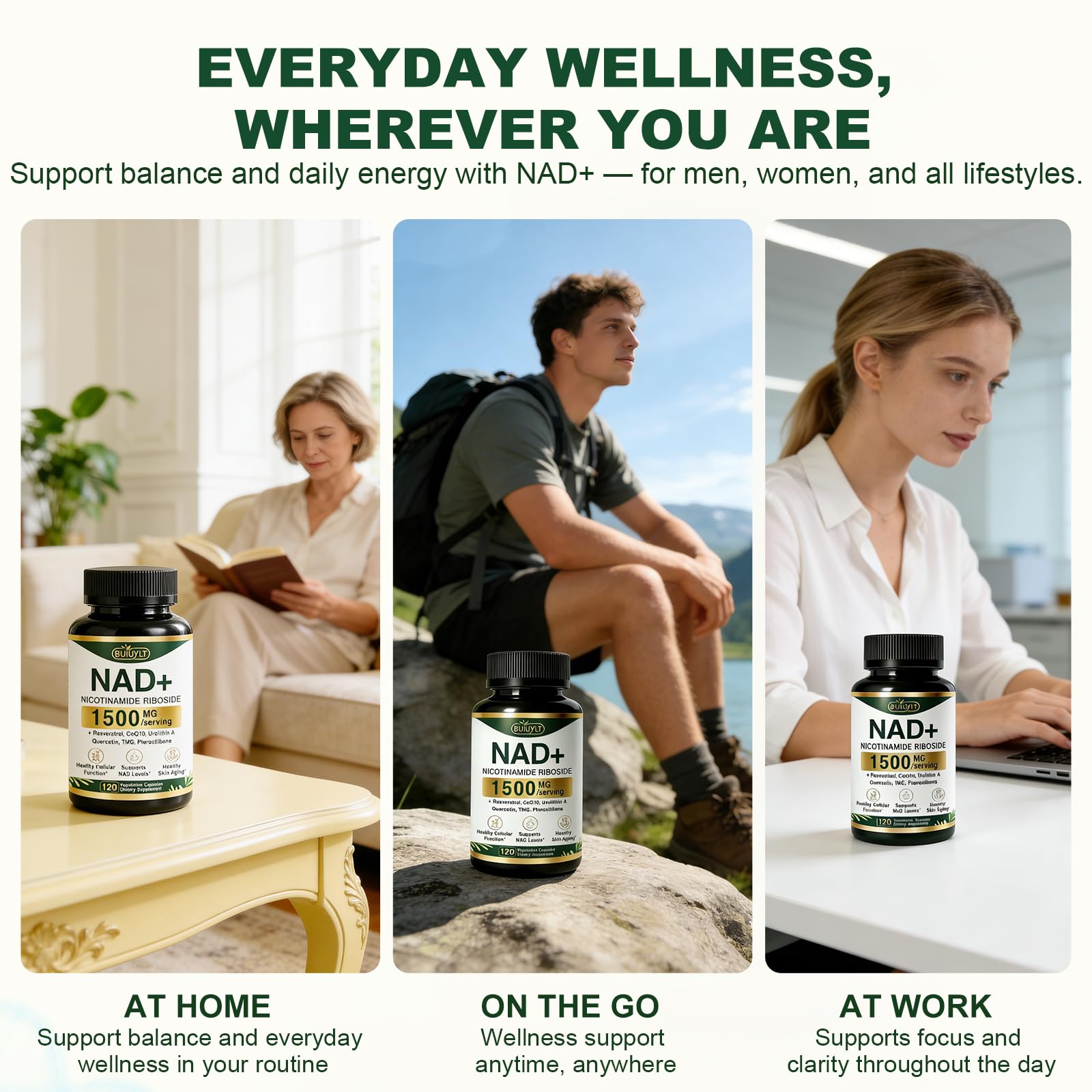 BUIUYLT NAD+ Supplement 1500mg, NR NMN Replacement with Resveratrol, Urolithin A, CoQ10 & Quercetin for Cellular Energy, Healthy Aging & Stamina for Women & Men - 120 Capsules BUIUYLT Au supplements