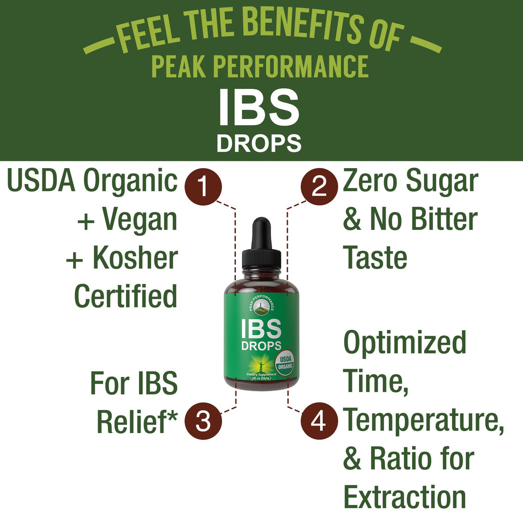 USDA Organic IBS Relief 5-in-1 Liquid Drops. for Ingestion, Bloating, Gas. Irritable Bowel Supplement with 5 Organic Ingredients. Peppermint Oil, Fennel Seed, Chamomile Flower, Rosemary, Holy Basil Peak Performance Au supplements